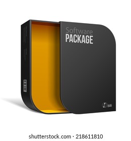 Opened Modern Black Software Package Box With Rounded Corners Yellow Orange Inside. With DVD Or CD Disk For Your Product. Vector EPS10 