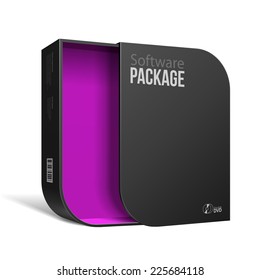 Opened Modern Black Software Package Box With Rounded Corners Violet Purple Inside. With DVD Or CD Disk For Your Product. Vector EPS10 