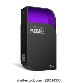 Opened Modern Black Software Package Box With Rounded Corners Violet Purple Inside. With DVD Or CD Disk For Your Product. Vector EPS10 