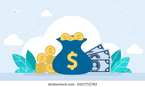 Opened Money Bag Full of Gold Coin Stacks. Open bag of money and a stack of paper money . A stack of dollar bills and round coins. Cash on hand. Cartoon flat style. Vector illustration