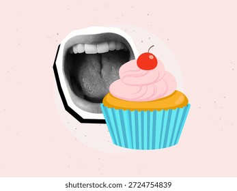 Opened mouth and cupcake with a cherry on a top. Modern collage style. Vector illustration
