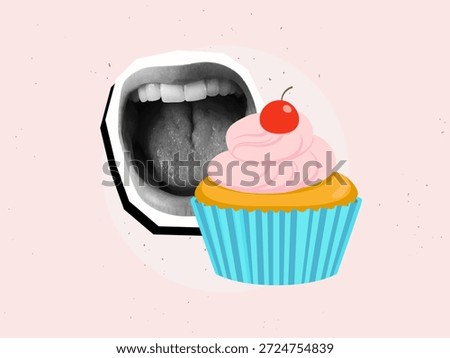 Opened mouth and cupcake with a cherry on a top. Modern collage style. Vector illustration