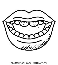 
Opened mouth with a full smile showing teeth and tongue, doodle vector
