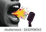 Opened mouth and microphone. Modern collage style.
