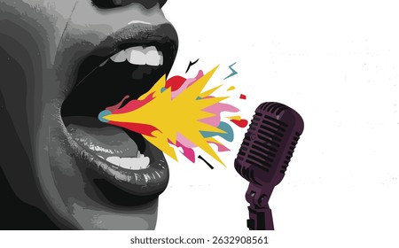 Opened mouth and microphone. Modern collage style.