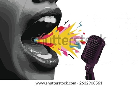 Opened mouth and microphone. Modern collage style.