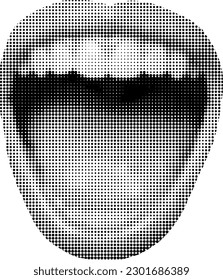 Opened mouth in scream in halftone texture, dotted pop art style. Woman lips as retro halftone collage elements for mixed media design. Vector illustration for vintage grunge punk crazy art templates.