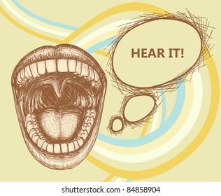 Opened mouth speaking loud and speech bubble