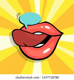 Opened mouth with tongue and speech bubble. Pop art retro poster with sexy red female lips. Flat vector illustration