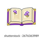 Opened mushroom book. Botanical guide book. Witchcraft element. Cartoon vector illustration.