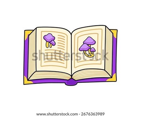 Opened mushroom book. Botanical guide book. Witchcraft element. Cartoon vector illustration.