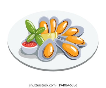 Opened mussels clam dinner on plate. Cooked oysters with red spicy sauce, lemon and basil. Cartoon vector seafood illustration.