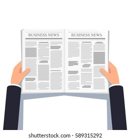 Opened newspaper in businessman hands. Daily business news gazette concept. Paper media tabloid concept. Flat style modern vector illustration isolated on white background.