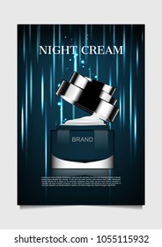 Opened night cream with falling lights on dark background