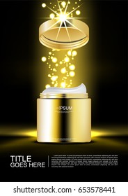 Opened night cream with glittering lights on black background vector cosmetic ads template