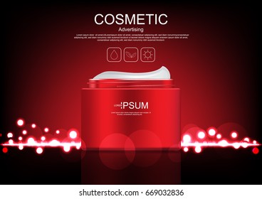 Opened night cream with small icons and bubble lights vector cosmetic ads