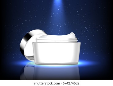 Opened night cream with spotlight and light dust vector white cosmetic collection