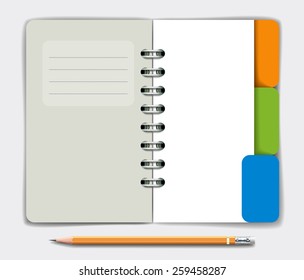 Opened note pad and pencil. Vector illustration