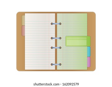 opened notebook with blank paper pages and color bookmarks