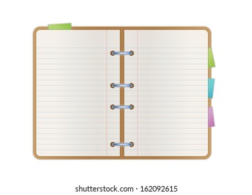 opened notebook with blank paper pages and color bookmarks