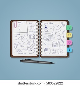 Opened notebook with blue pen business project drawings and diagrams with charts. Realistic flat style illustration. Pencil and eraser near note.