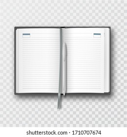 Opened notebook with bookmark and fountain pen. Office supplies on a transparent isolated background. The blank ruled pages. The model for design. Мock-up.Template with blank sheets.3D realistic