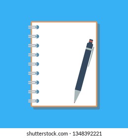 opened notebook with clear sheet and red pen, flat vector illustration