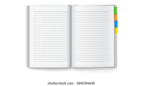 Opened notebook with colored bookmarks. Vector 3d illustration isolated on white.