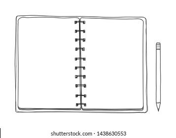 opened notebook hand drawn. Blank notepad on white background. Applicable for sketches line art illustration
