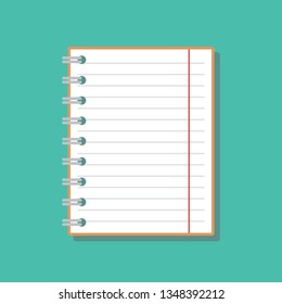 opened notebook with lined sheet and red field, flat vector illustration
