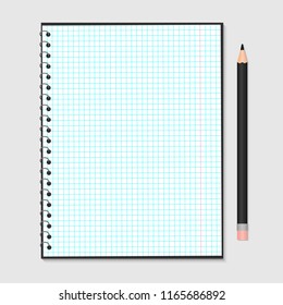 Opened notebook with metallic spiral and pencil isolated on grey. Blank checkered paper sheet. Stationery for education and business. Realistic vector illustration.  Easy to edit design template.