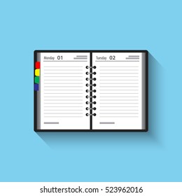 Opened notebook. Notepad for business and important notes. Diary. Personal organizer. Flat design. Blank pages. Vector illustration.