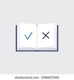 Opened notebook pages with check and cross marks, flat vector illustration isolated on blue background. Paper business diary journal with right and wrong marks.