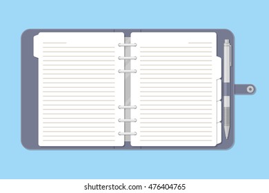 Opened notebook with pen in top view. Personal organizer or diary. Notepad for business and important notes. Blank pages. Vector illustration
