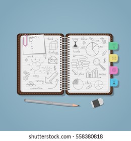 Opened notebook with pencil business project drawings and diagrams with charts. Realistic flat style illustration. Pencil and eraser.