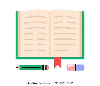 Opened notebook with pencil and eraser top view. Simple flat modern icon