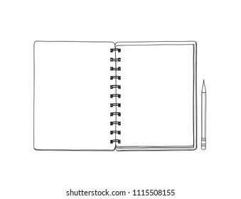 Cuaderno abierto y lápiz dibujado a mano línea de Vector ilustración linda