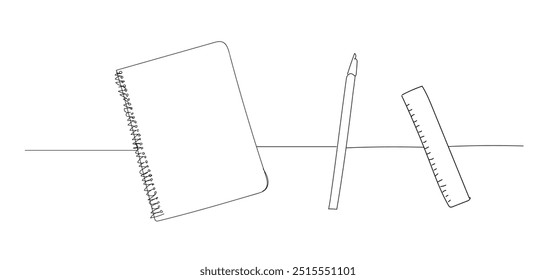 Opened notebook,  pencil and ruler in one continuous line drawing. Education study and knowledge library concept in simple linear style.  Doodle vector illustration