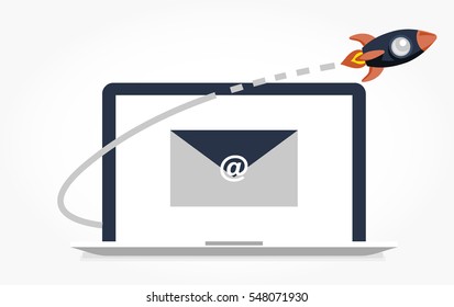 an opened notebook showing a envelope mail on the screen with a flying grey rocket crossing around.