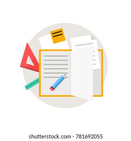 Opened notebook with stationery. Studying icon, flat style