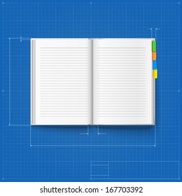Opened notebook stylized drawing, symbol like blueprint drawing.