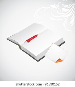 Opened notepad, ballpen and curled page on the abstract background. Vector