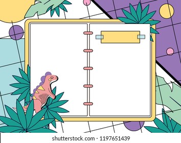 Opened notepad decorated with tropical leaves and dinosaur sticker. top view. Trendy modern style illustration. Mock up of blank sketchbook, diary, zine.