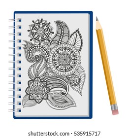 Opened notepad with hand drawn floral ornament and pen isolated on white background, Sketchbook, to-do list, coloring book or diary mockup. Vector illustration.