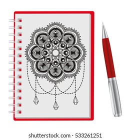 Opened notepad with hand-draw mandala and pen isolated on white background, Sketchbook, to-do list, coloring book or diary mockup. Vector illustration.