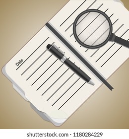 Opened notepad with a magnifying glass and pen in top view. Sketchbook or diary. Vector illustration