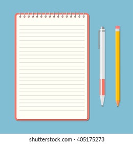 Opened Notepad With Pencil And Pen In Top View. Sketchbook Or Diary. Vector Illustration