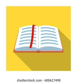 Opened notepad with pencil and pen in top view. Sketchbook or diary. Notebook with red bookmark. A notebook at school.School And Education single icon in flat style vector symbol stock illustration.