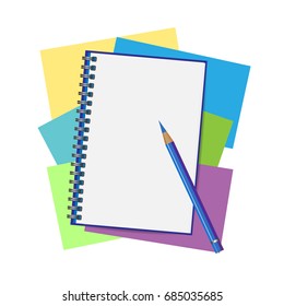 Opened notepad with pencil. Sketchbook or diary. Vector illustration