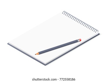 Opened notepad with pencil. Sketchbook or diary. Isometric vector illustration